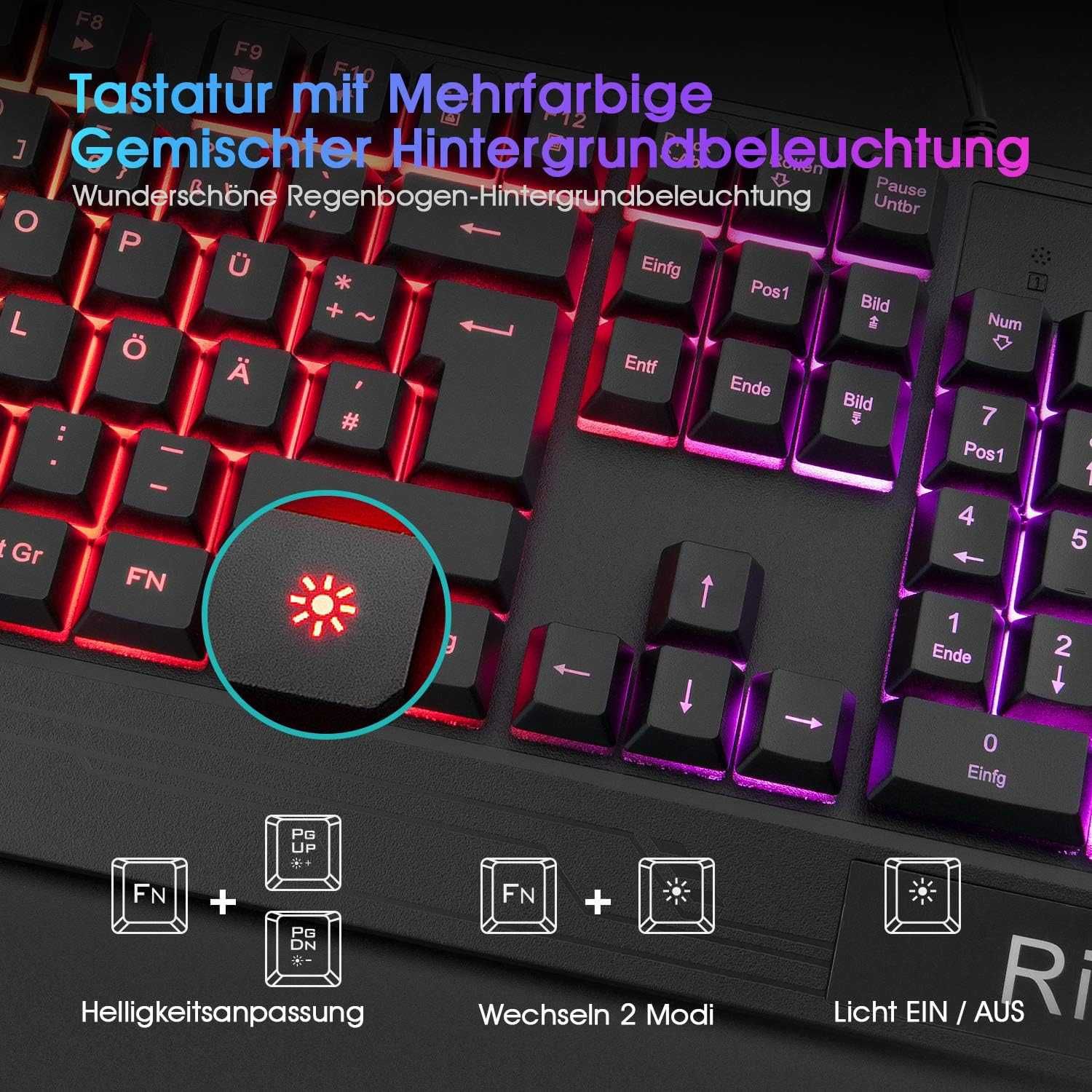 Rii Klawiatura i mysz do gier,  podświetlenie RGB QWERTZ (układ DE)
