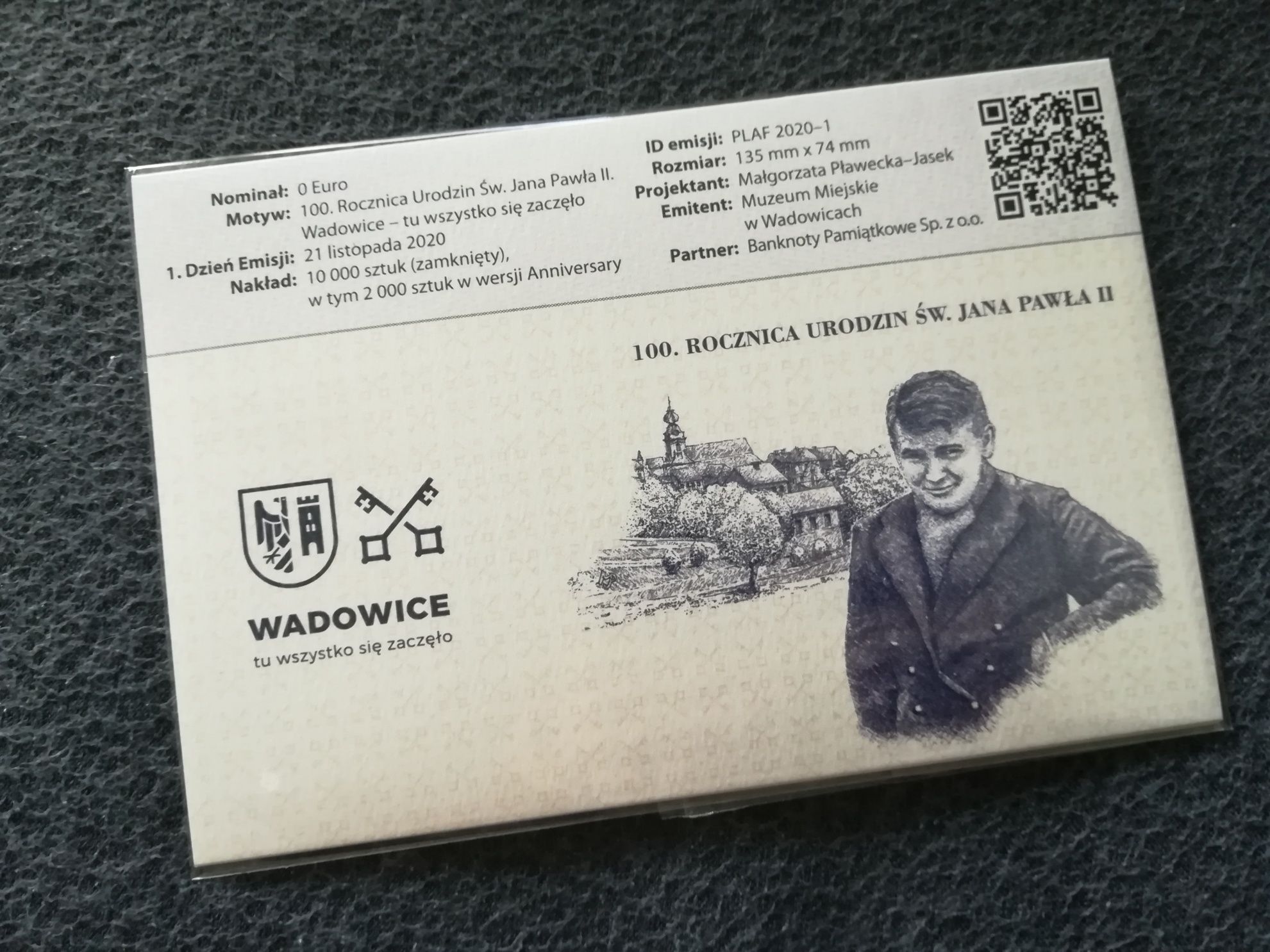 2x Banknot 0 euro Jan Paweł II, Wadowice - UNIKATOWY FOLDER! RR!