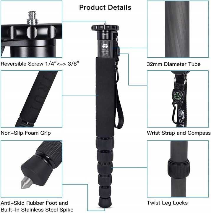 Monopod włókno węglowe 0,45KG Sirui P-326 155 cm czarny USZKODZONY