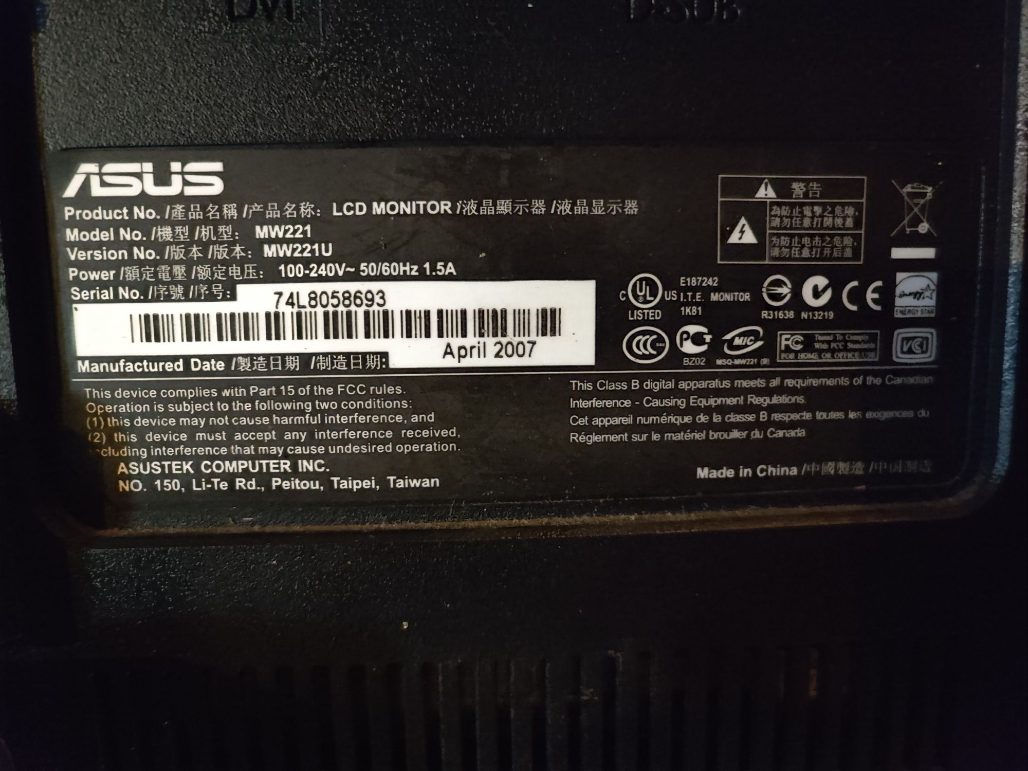 Monitor Asus 21 cali