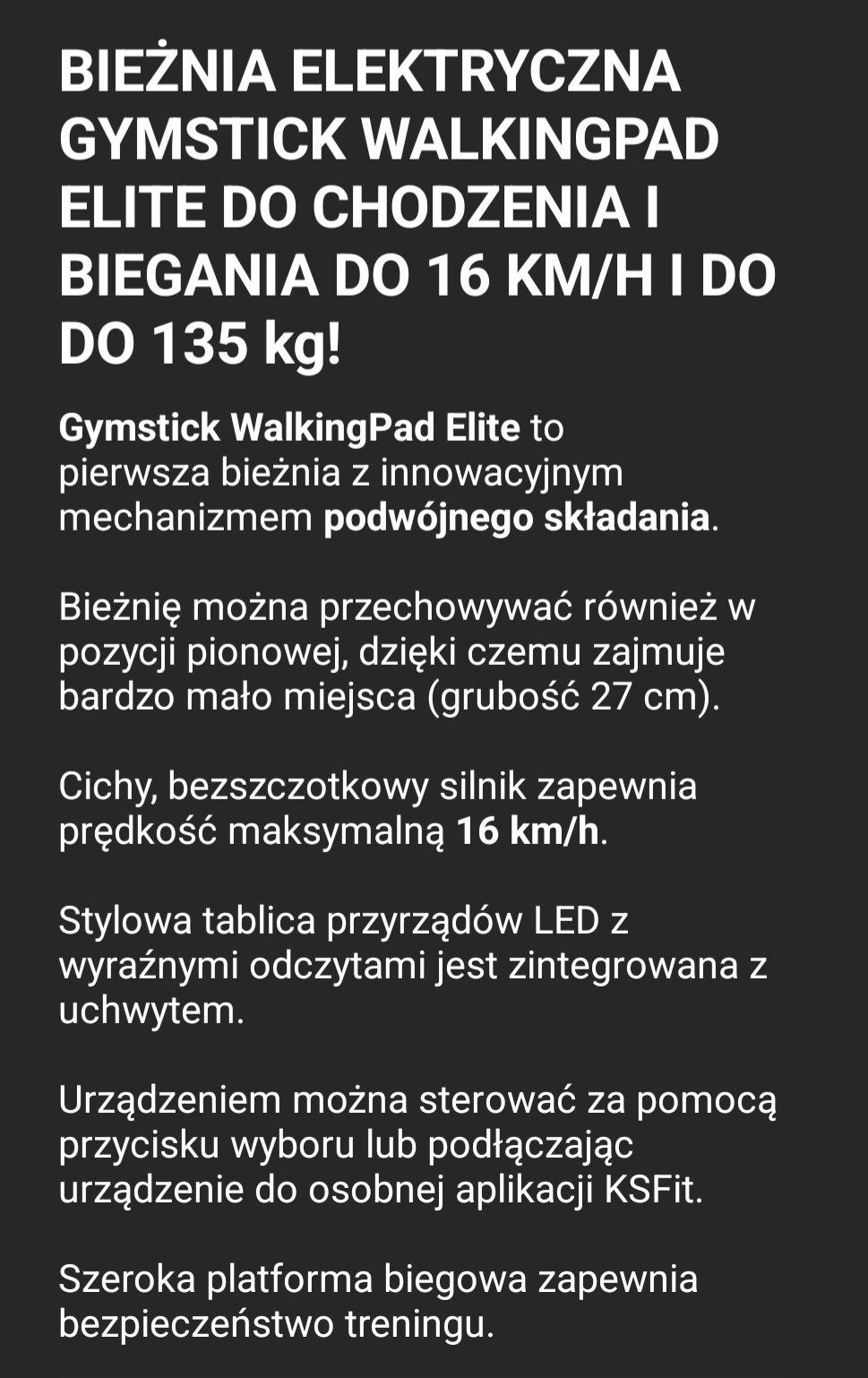 Bieżnia elektryczna Gymstick walkingpad elite do 16 km/h do 135 kg