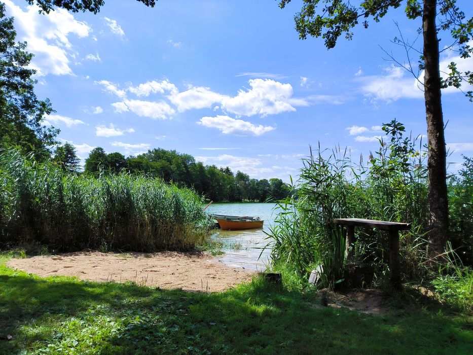 Domek letniskowy nad jeziorem Dadaj, linia brzegowa, pomost, łódki