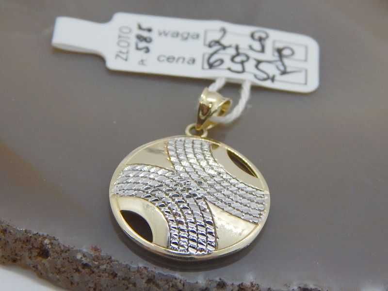 złota zawieszka wisiorek  ryflowany z białym złotem pr 585 waga 2,9 g