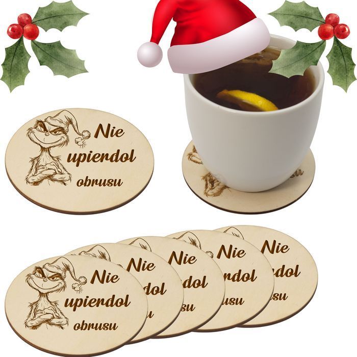 1x zestaw Podkładka pod kubek grawer GRINCH 5x podkładki na stół