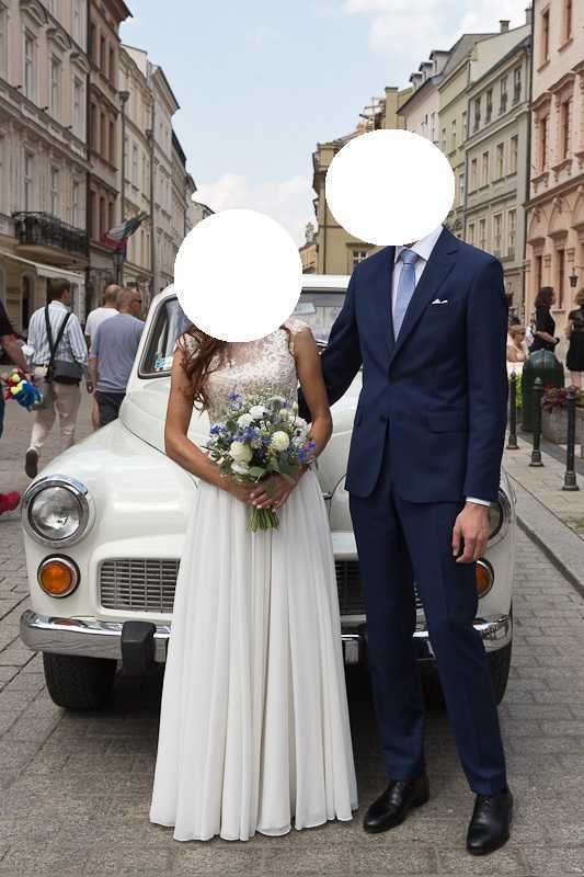 Piękna suknia ślubna z koronkową górą xs/34 160+7cm