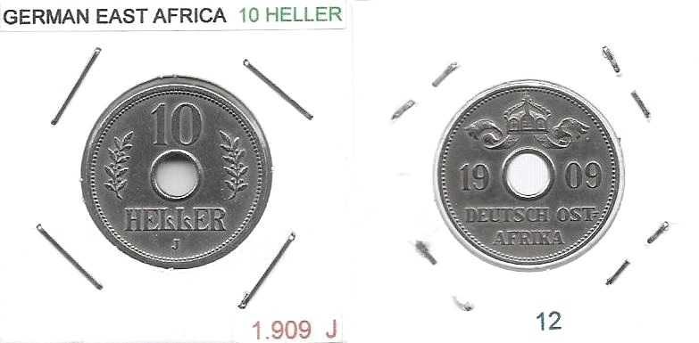 África do Leste Alemã - - - 10 Heller – 1909-J - - - Moeda