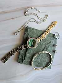 Zestaw biżuterii + zegarek kwarcowy NOWY srebrny zielony PREZENT szkło