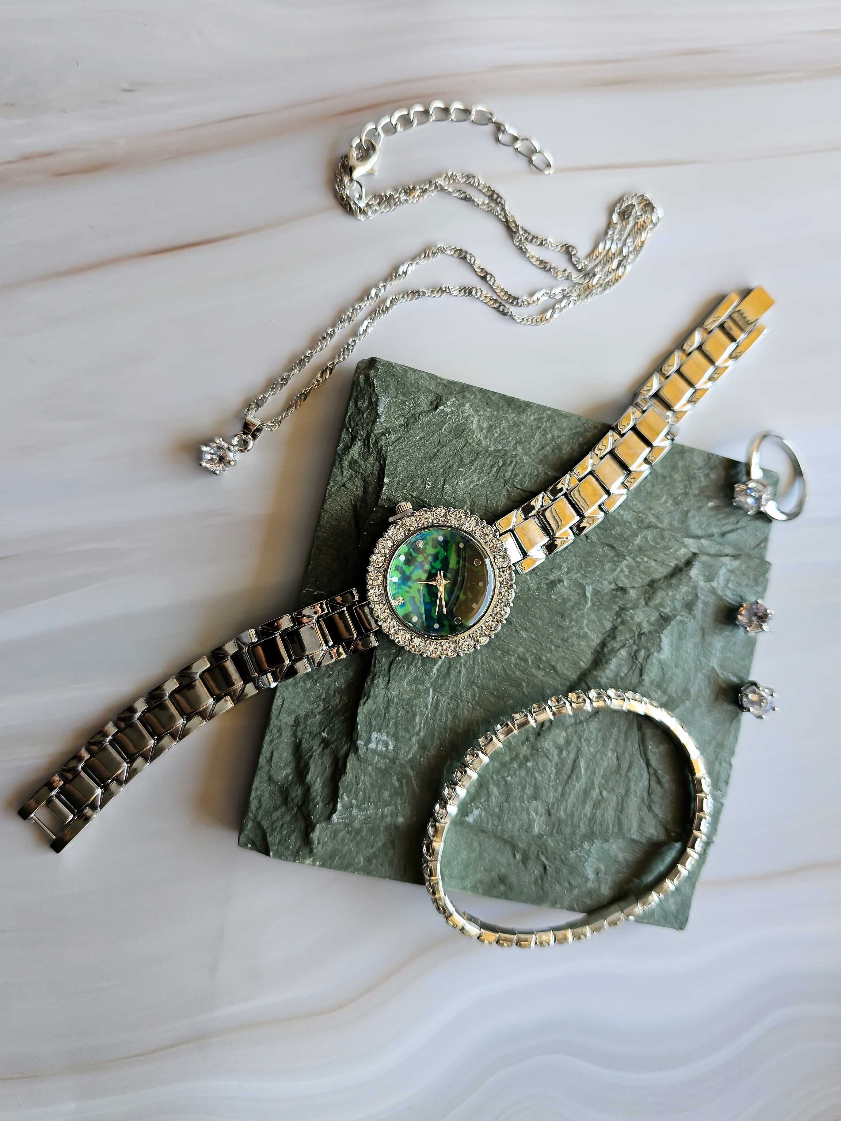 Zestaw biżuterii + zegarek kwarcowy NOWY srebrny zielony PREZENT szkło