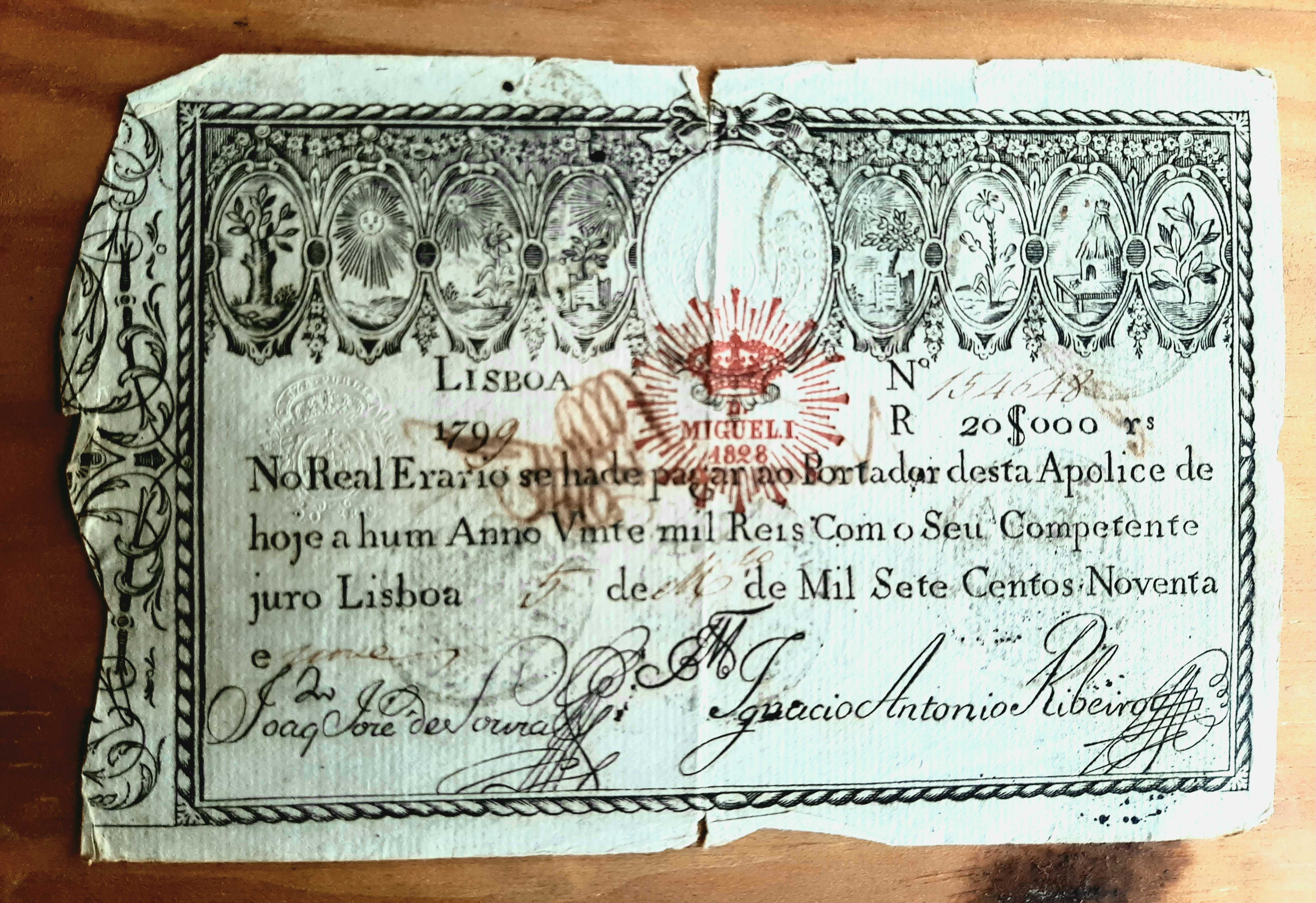 Nota 20000 Reis 1799 com muitos carimbos - 226 anos de história!