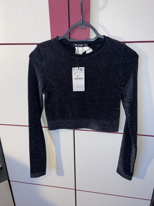 Czarna brokatowa bluzka Stradivarius S viral święta sylwester