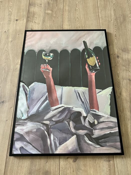 Duży plakat, obraz, wino, kieliszek, łóżko, 50x70