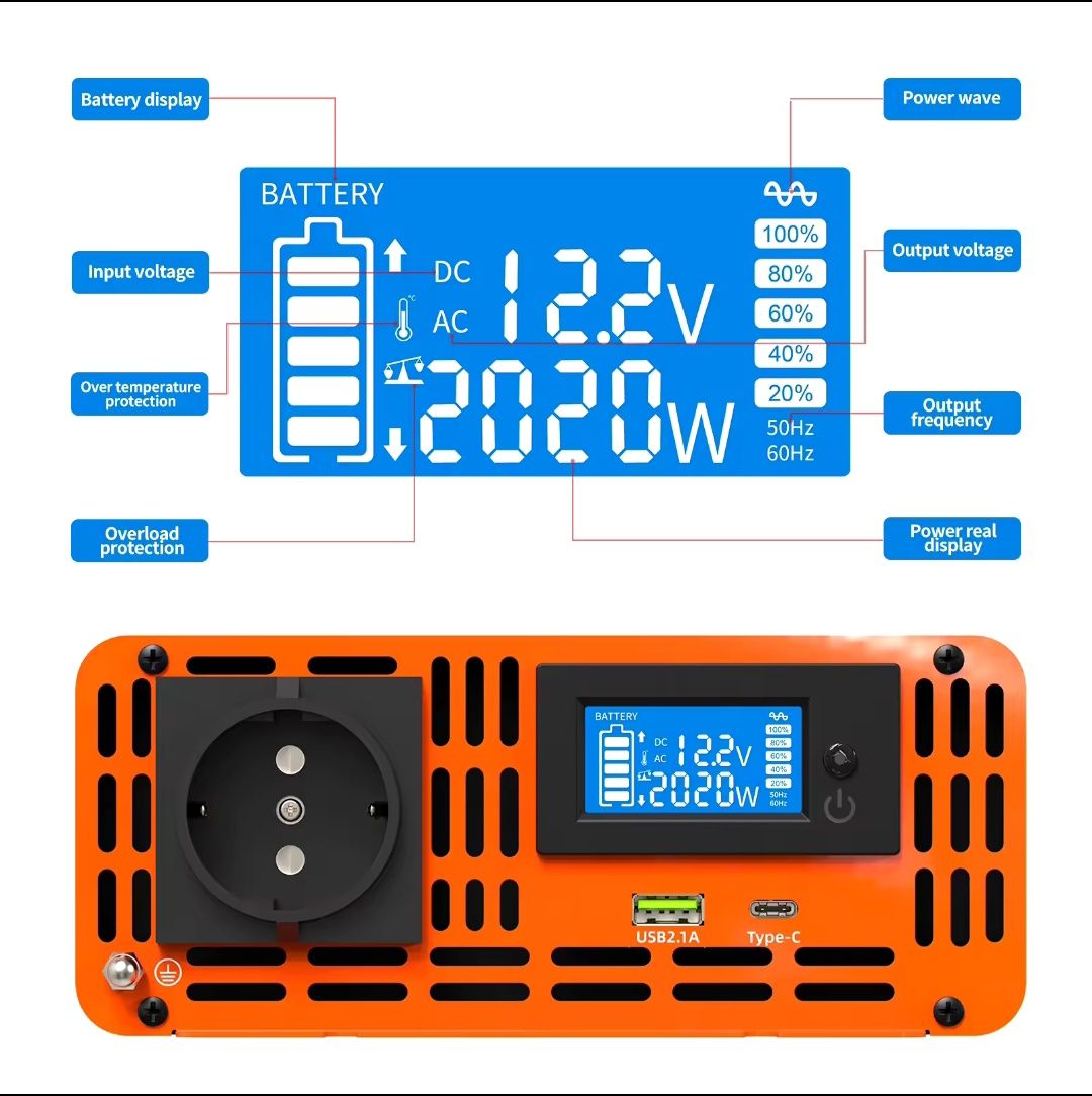 Інвертор Datou Boss 2000 чиста синусоїда DC-AC 12V-220V 2000W (4кВт)