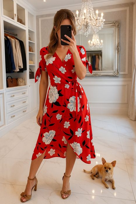 Śliczna letnia czerwona sukienka w kwiaty S-M