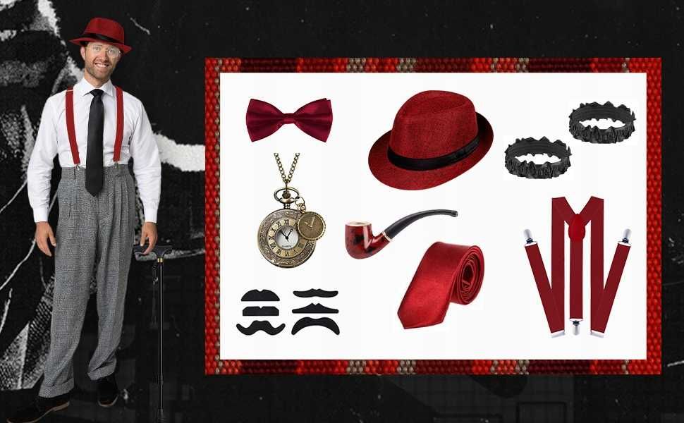 Czerwony 20's Gangster Kostium Szelki Czapka FANCY DRESS KOSTIUM C441