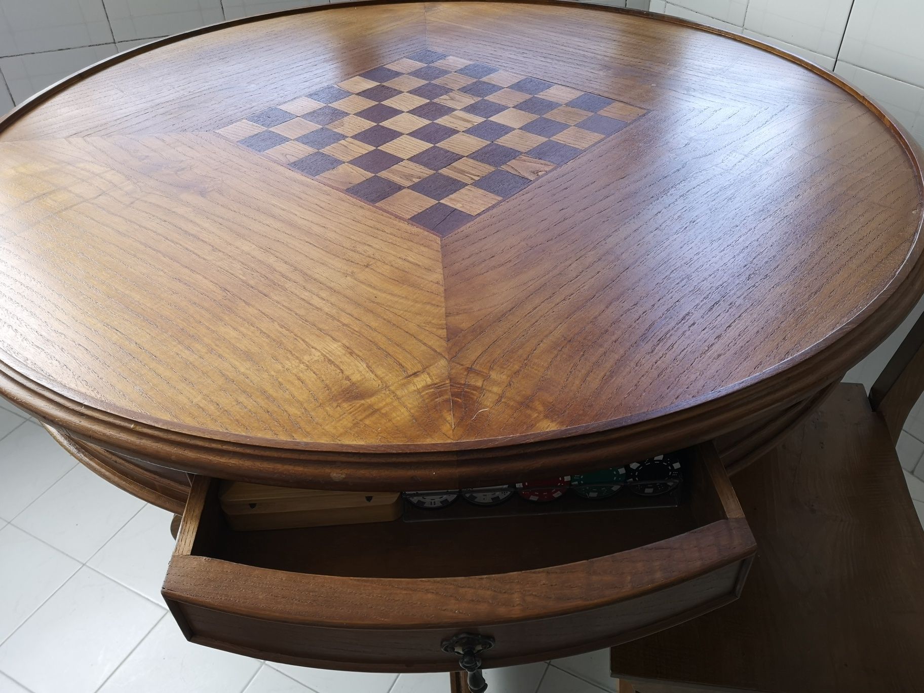 Mesa jogo redonda madeira carvalho + 4 cadeiras carvalho