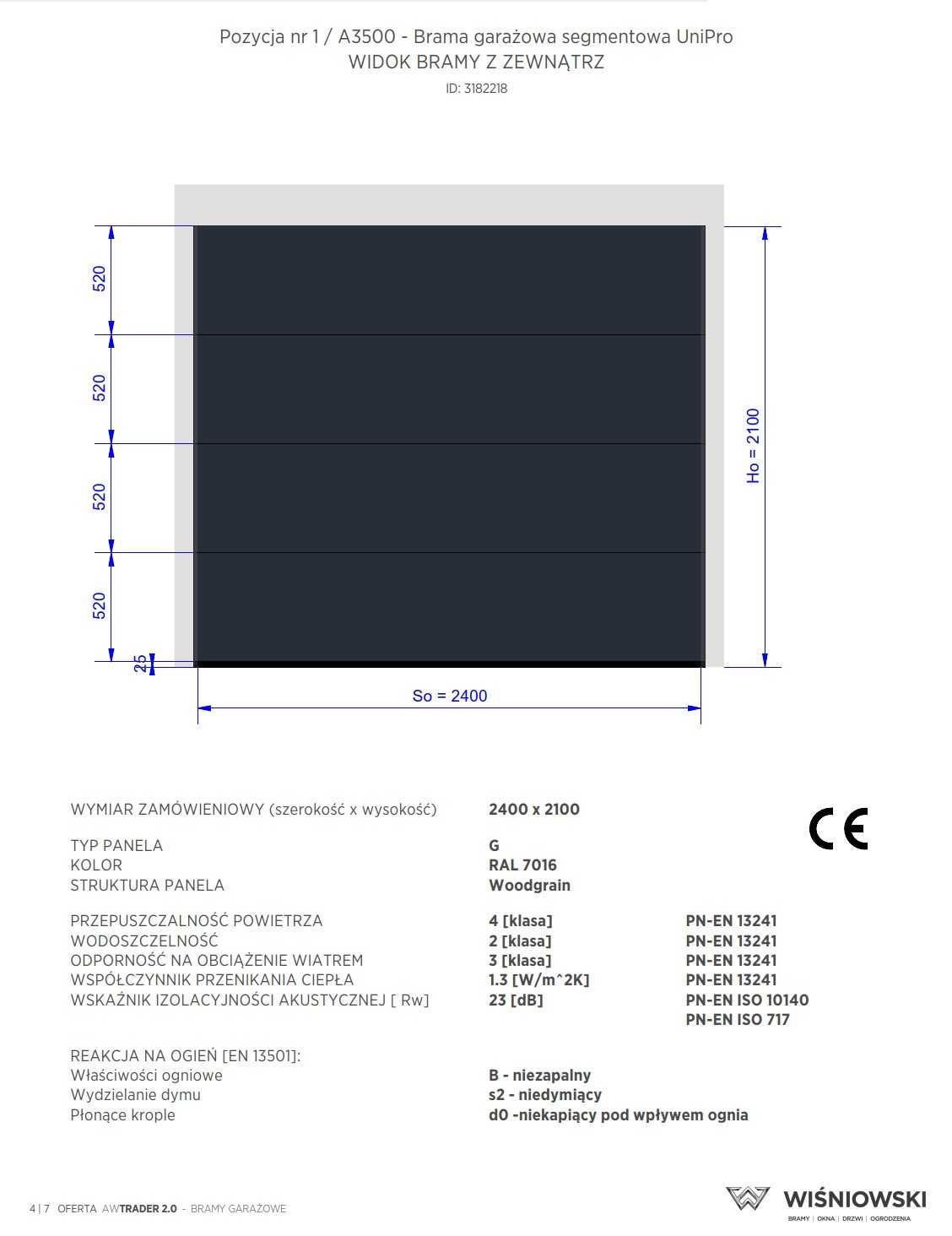 Brama segmentowa Wiśniowski UniPro 2400x2100 Antracyt RAL7016