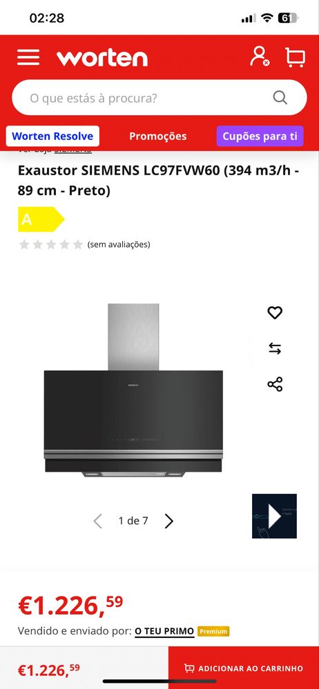 Exaustor SIEMENS LC97FVW60 (394 m3/h - 89 cm - Preto)