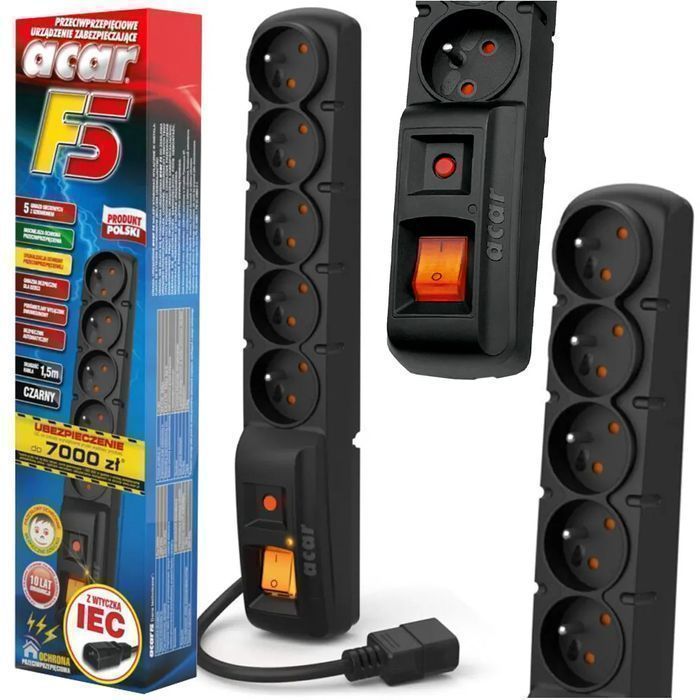 Listwa przedłużacz przeciwprzepięciowy ACAR F5 3m 5 gniazd IEC W0087