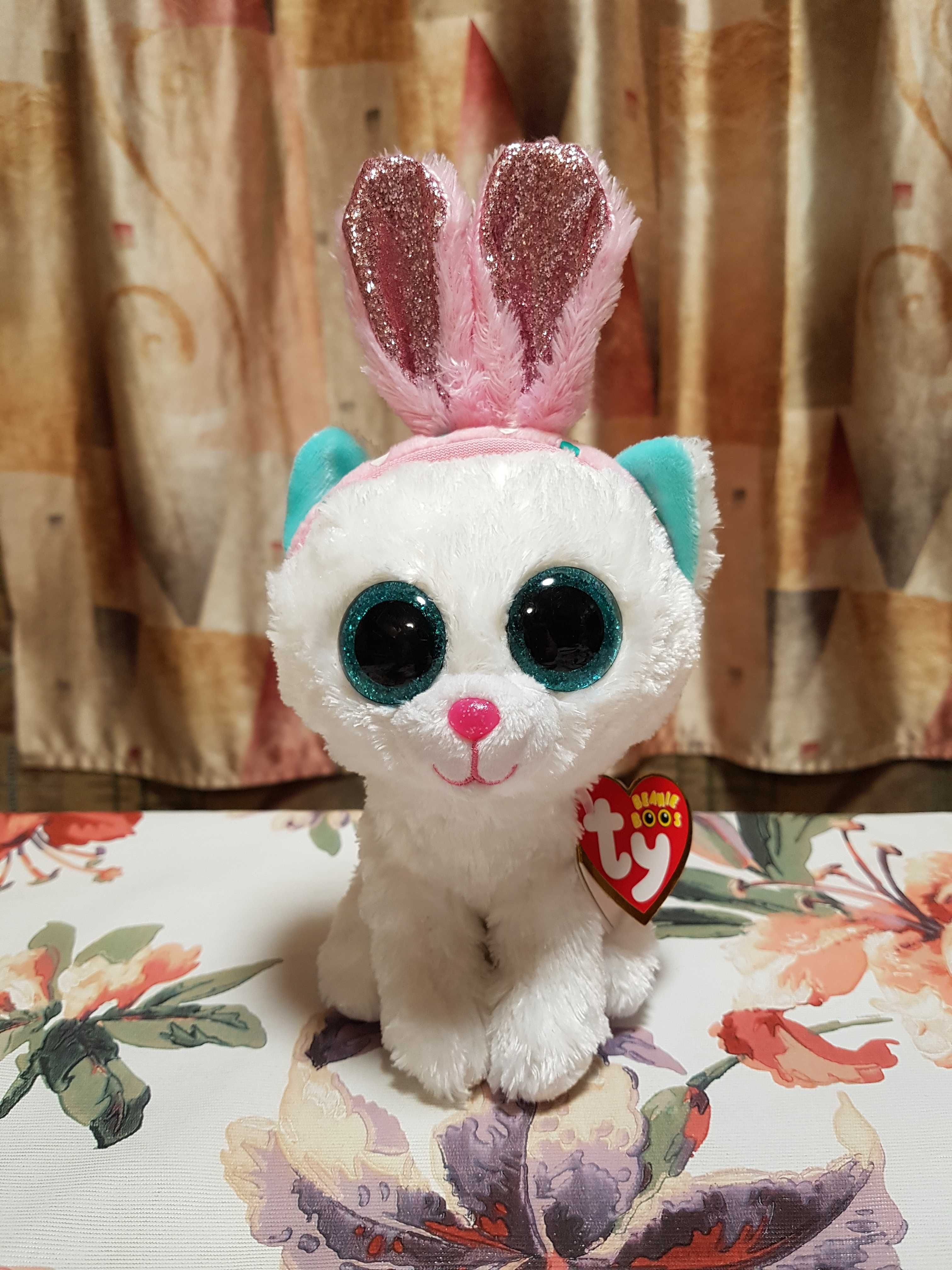 Ty Beanie Boos глазастик белый котик с ушками PIXI, кошка 15-20 см