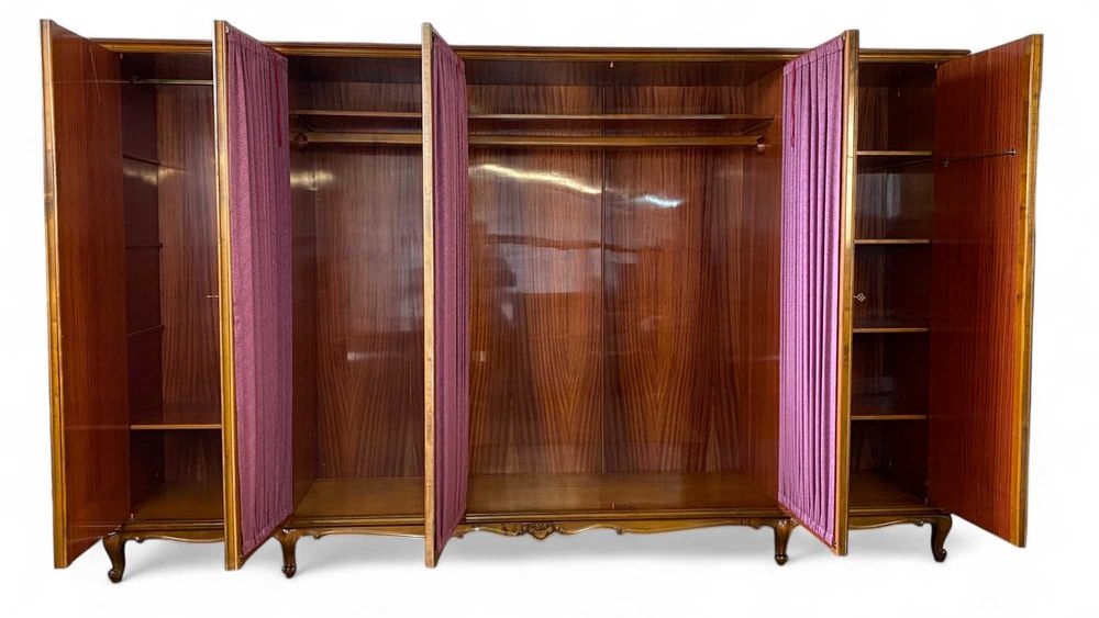 Barokowa szafa pięciodrzwiowa z witryną, intarsje, połysk