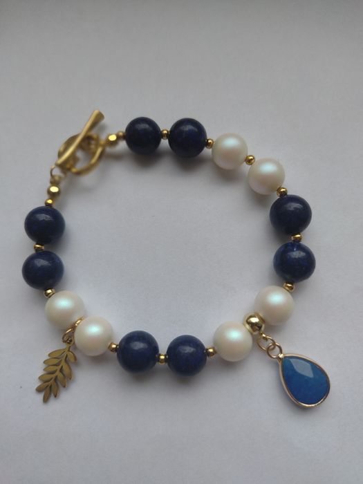 Bransoletka z granatowymi agatami I perłami Swarovski