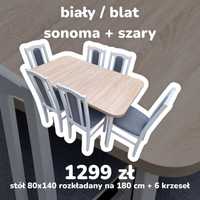 Nowe: Stół 80x140/180 + 6 krzeseł, biały/blat sonoma + szary, od ręki