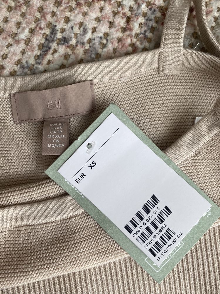 Top H&M XS 34 dzianinowy krótki beżowy cielisty letni
