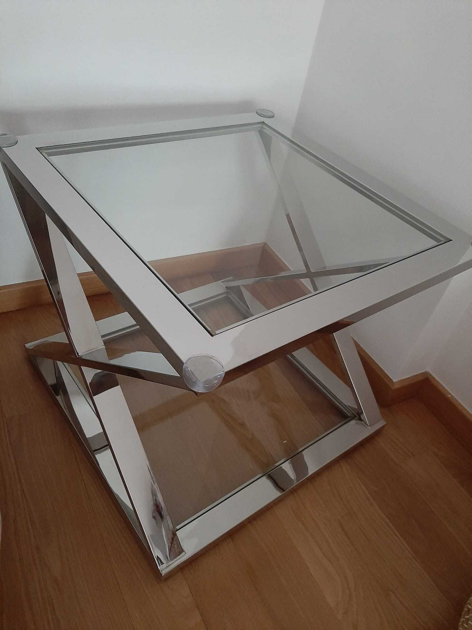 Conjunto mesa de centro + mesa de canto inox e vidro