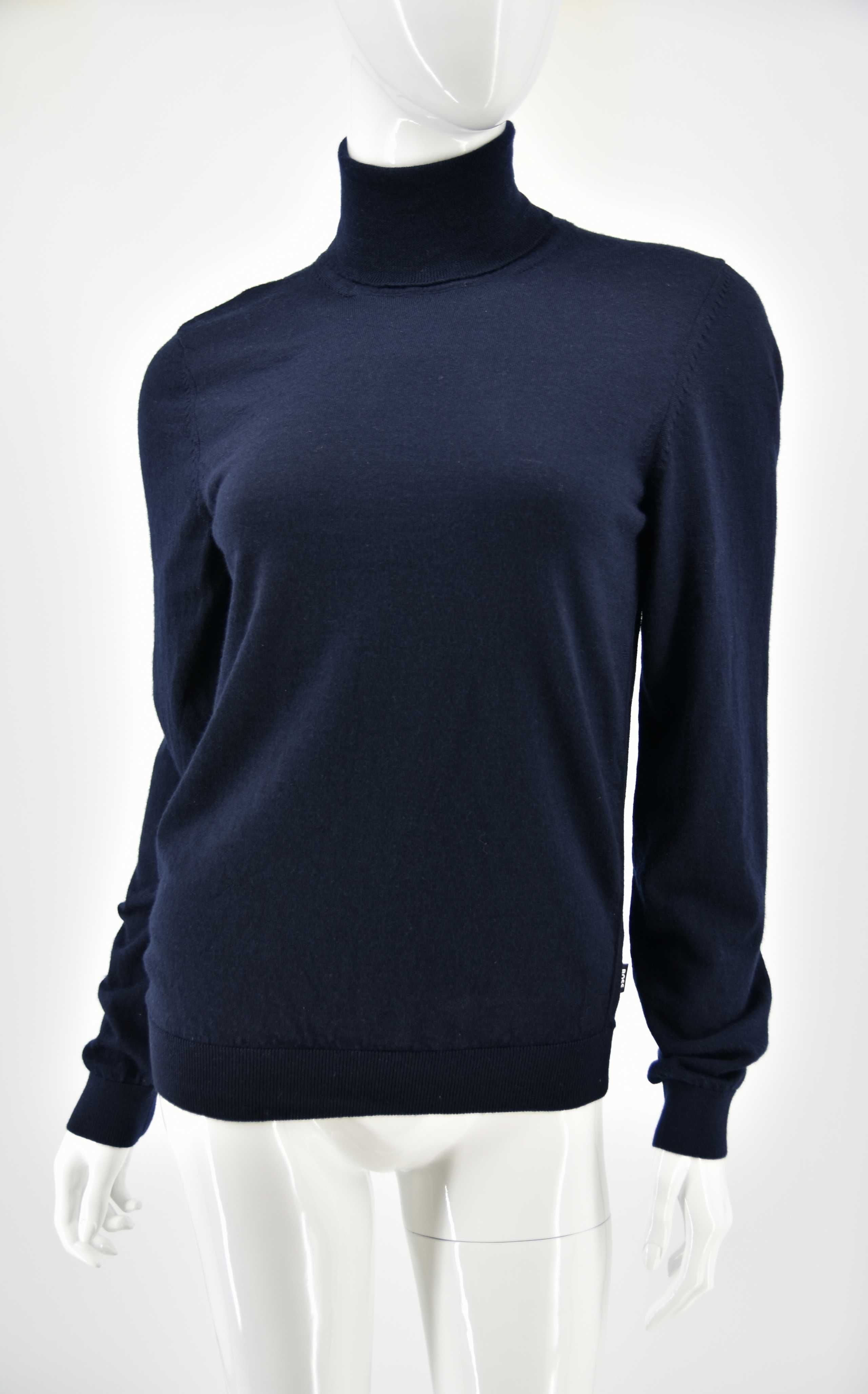 HUGO BOSS sweter damski golf granatowy wełna klasyczny miękki S