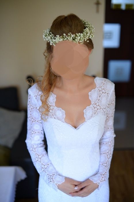 Biała, koronkowa suknia ślubna, syrena z trenem, boho/rustykalna,36/38