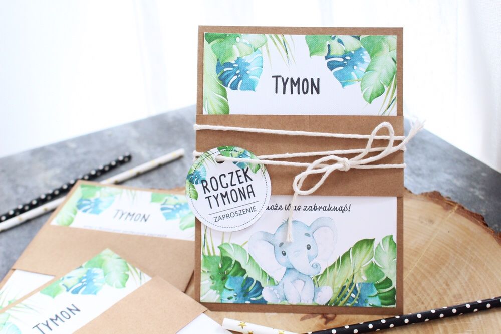 Zaproszenie zaproszenia na urodziny urodzinowe jungle słonik chłopca