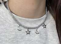 koralikowy naszyjnik handmade srebrny lunar gwiazdy i księżyce