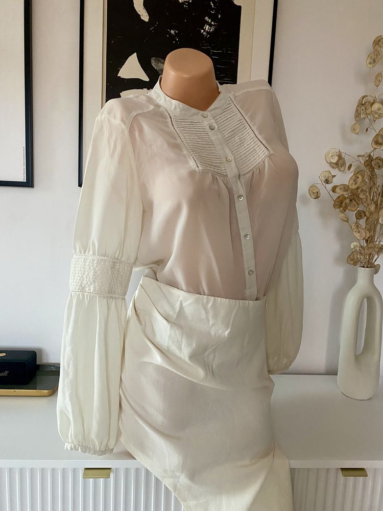 Zara bluzka koszulowa bufki żabot chlopi ecru 38 M