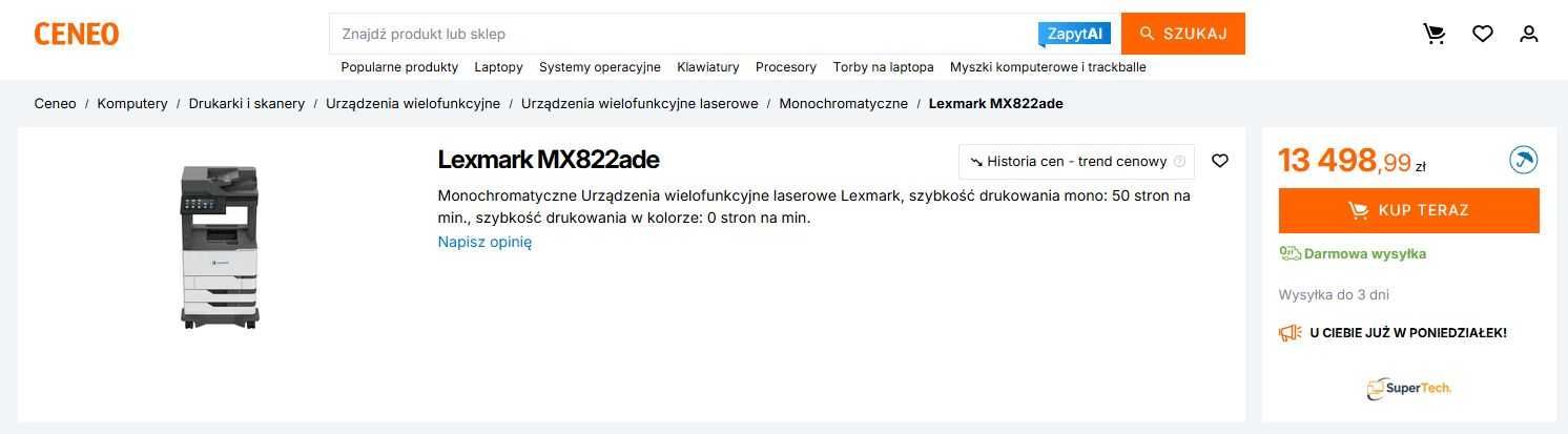 Lexmark MX822ade drukarka wielofunkcyjna, skan z szybkością 150 stron
