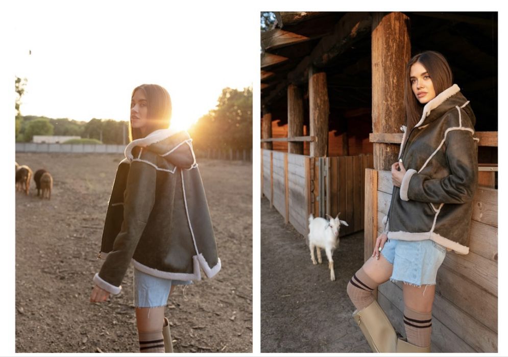 Дублянка дубленка оливкового болотного кольору хакі з еко хутром мехом