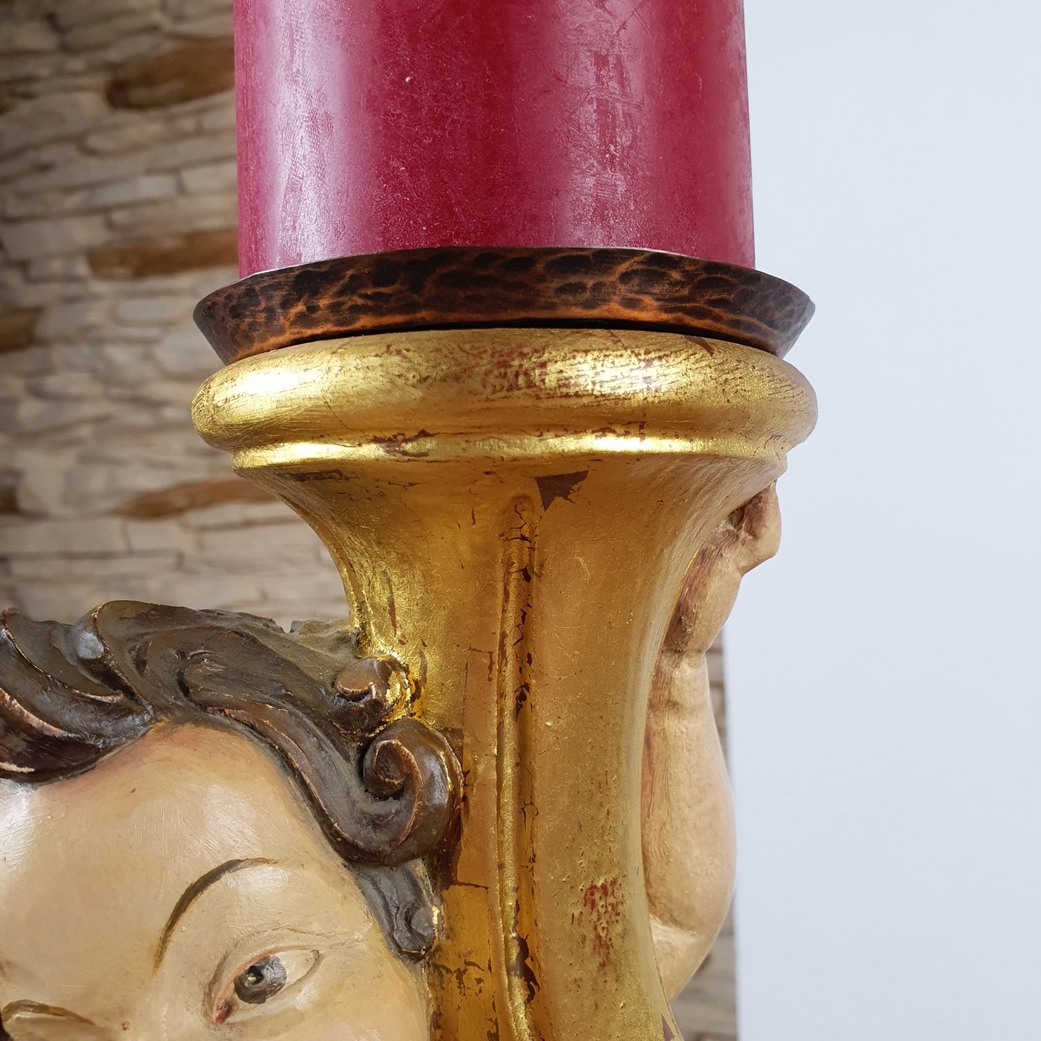 Świecznik putto anioł z XIX w. 35 cm drewno polichromia