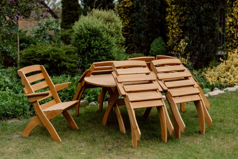 Meble ogrodowe drewniane, składane, 6 krzeseł + stół owalny X2