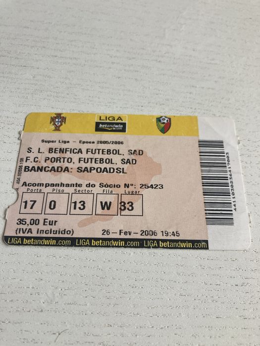 Bilhete Benfica x Porto Super Liga 2005/06 colecionadores