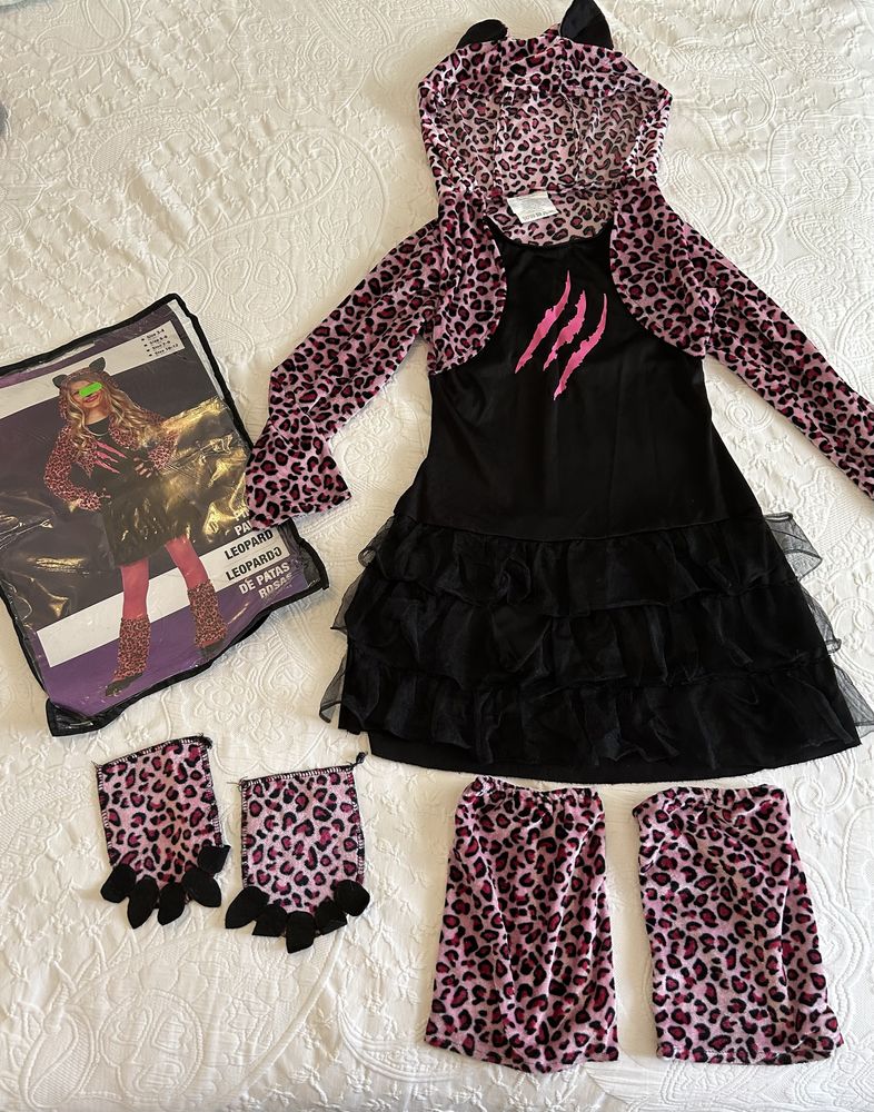 Vestido Carnaval Leopardo Rosa e acessórios - Tamanho 7/9 anos