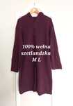 Sweter damski wełniany długi wełna szetlandzka M L bordowy z kapturem