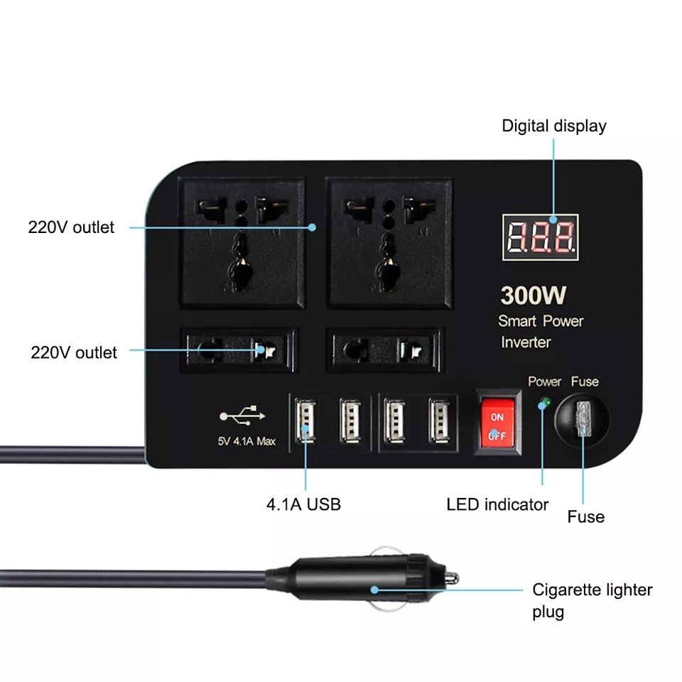 Инвертор для ноутбука 300 Вт 12 В - 220 В с прикуривателем для АКБ