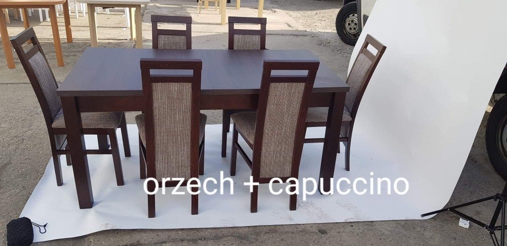 Nowe: Stół 80x160/200 + 6 krzeseł, orzech + kawa z mlekiem