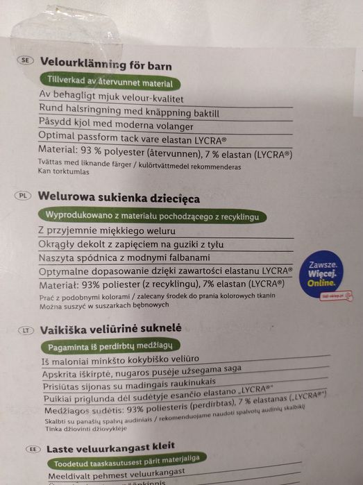 Sukienka welurowa dziecięca 134/140