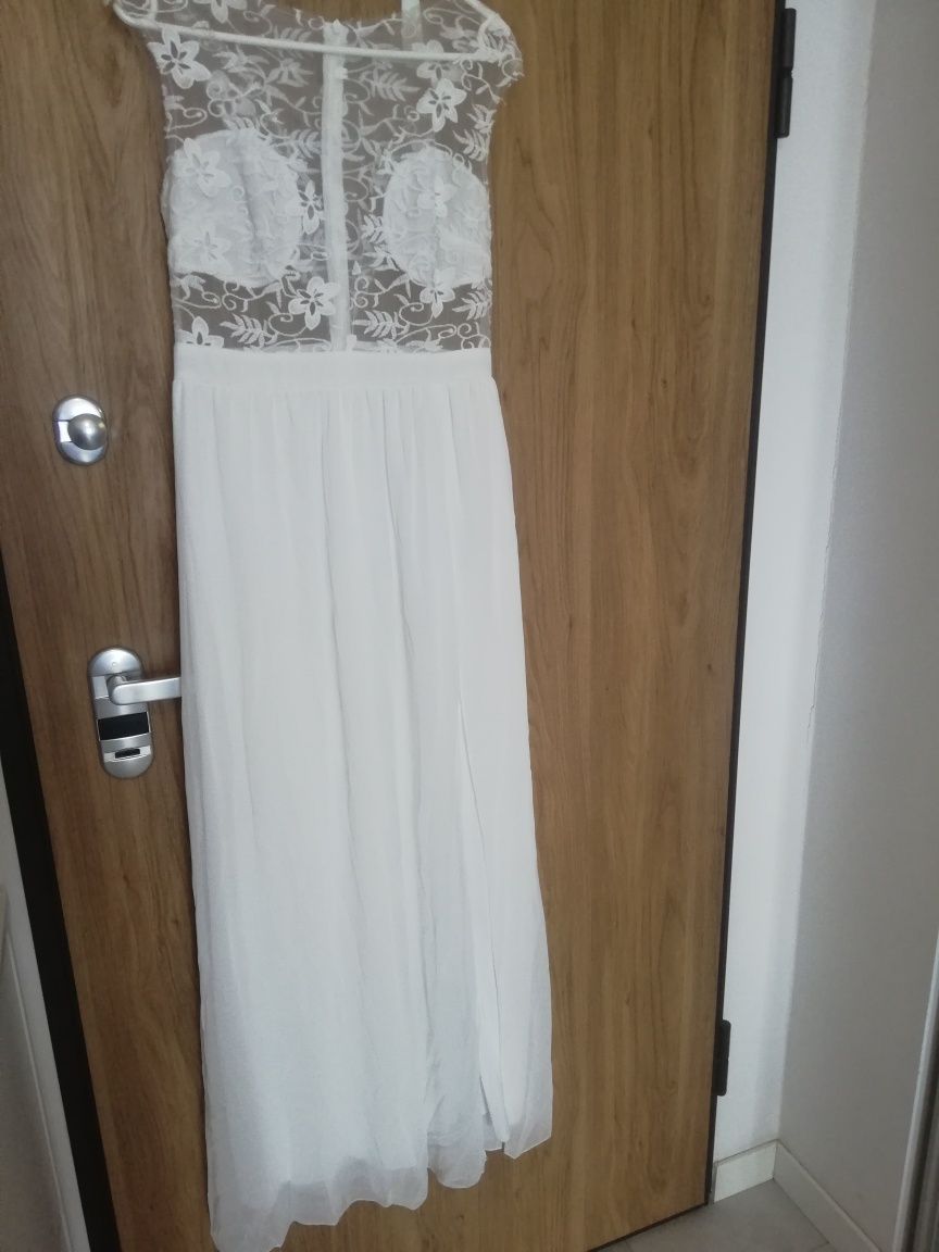 Suknia biała długa z rozcięciem ślubna, na poprawiny
