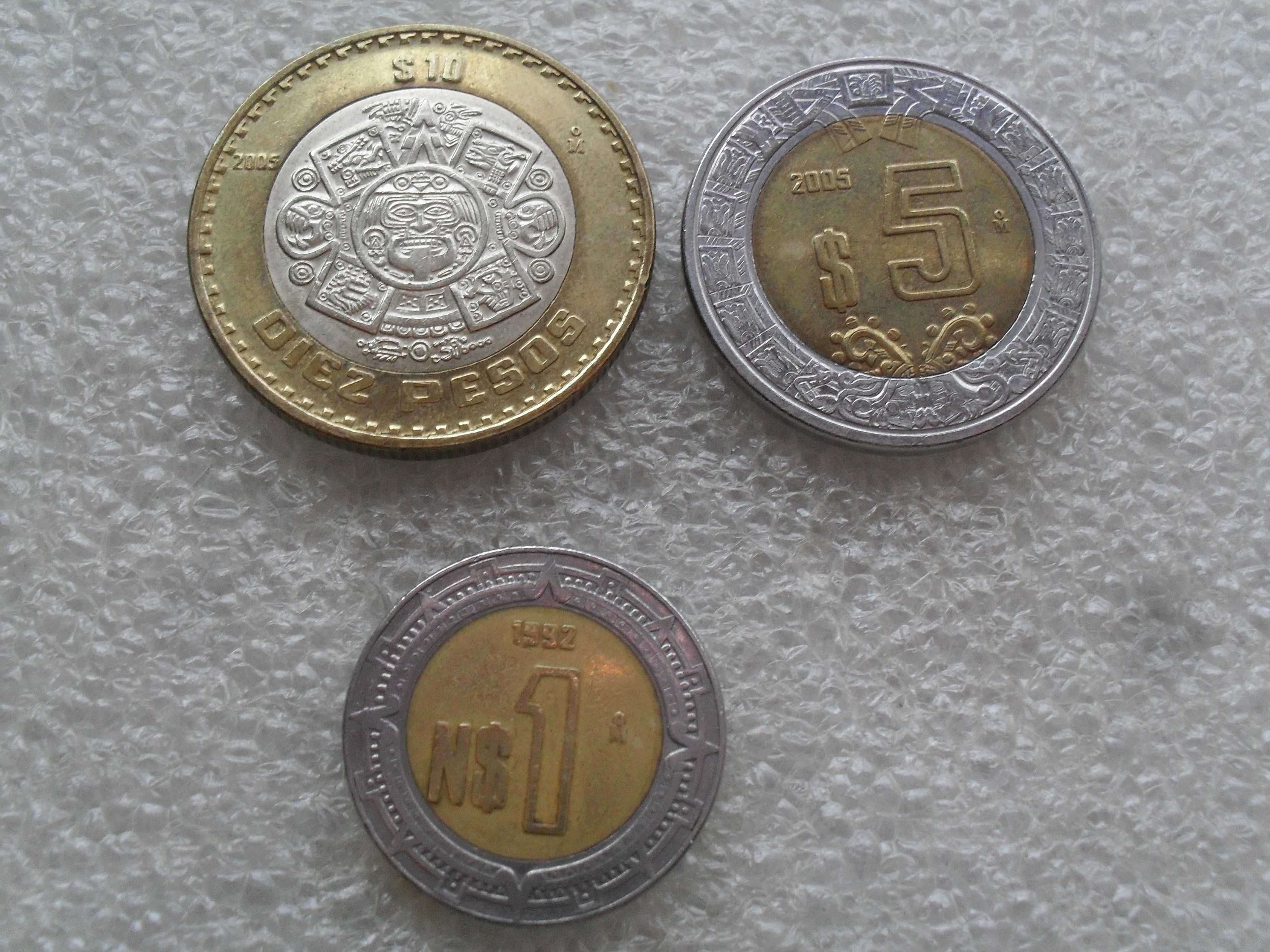 3 Piękne monety MEXICO  1,5,10 PESOS 1992 - 2005 rok.