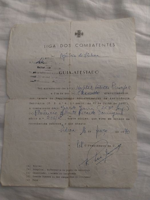 Liga dos combatentes -Guia atestado -combatente da Grande Guerra