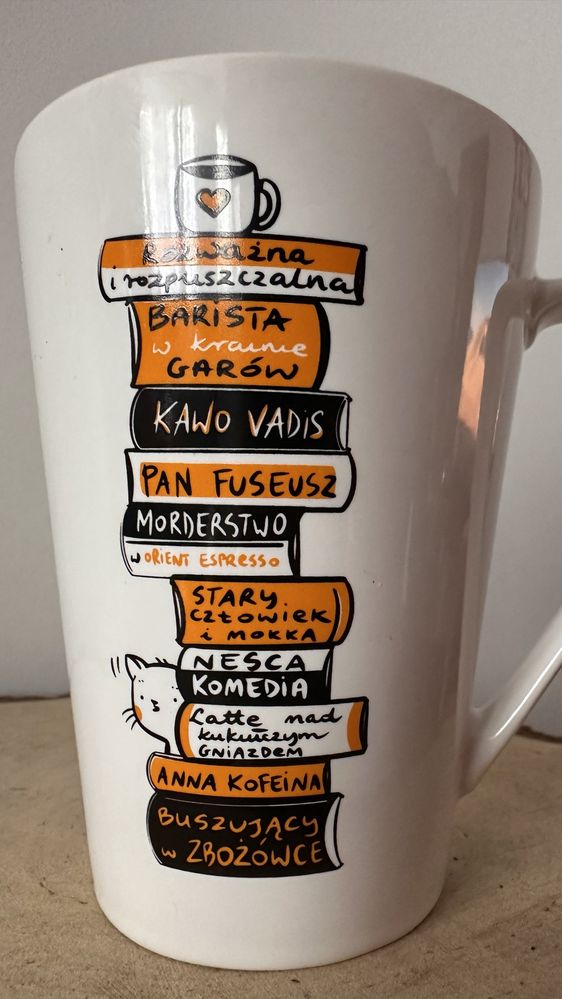 Duży porcelanowy kubek dla fana kawy, książek, kotów