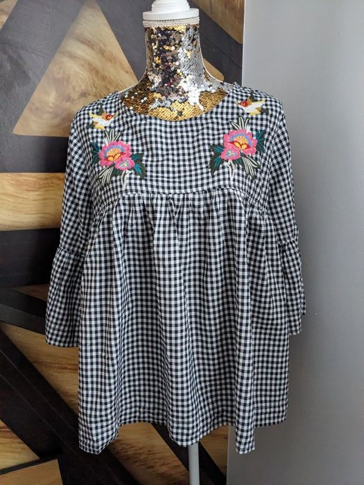 L bluzka w kratkę rękaw falbana ciążowa