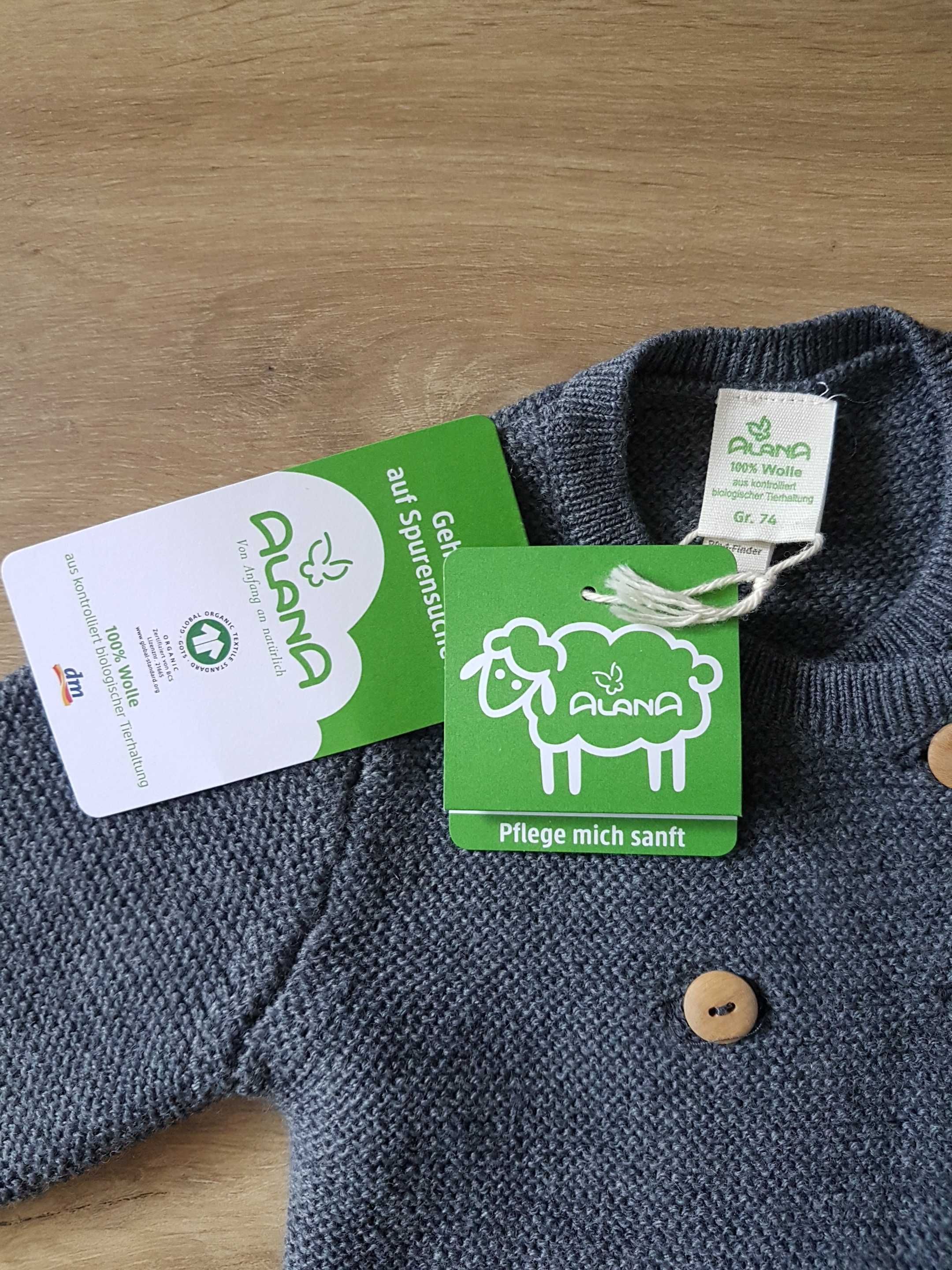 Nowy wełniany sweter ALANA dm 100% certyfikowana wełna organiczna r.74