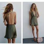 ZARA nowa oliwkowa satynowa sukienka mini krótka wiązana halter M
